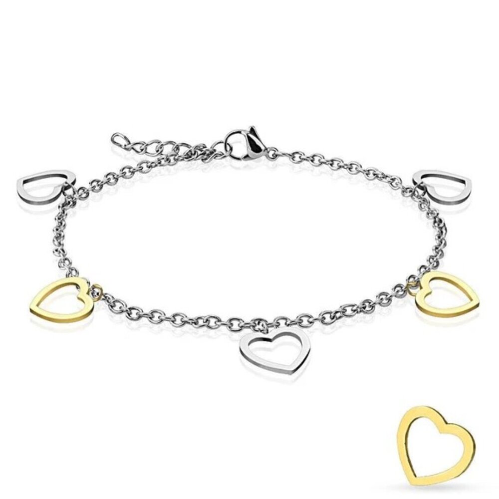 LOVELY STAINLESS STEEL 9"-10" SILVER GOLD ION PLATED HEART CHARM ANKLE BRACELET